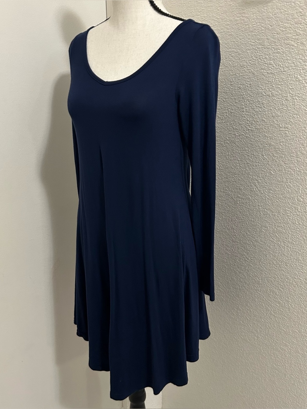 Solid Navy Blue Long Sleeve Arched Hem Swing Dress Size S Flowy Everyday